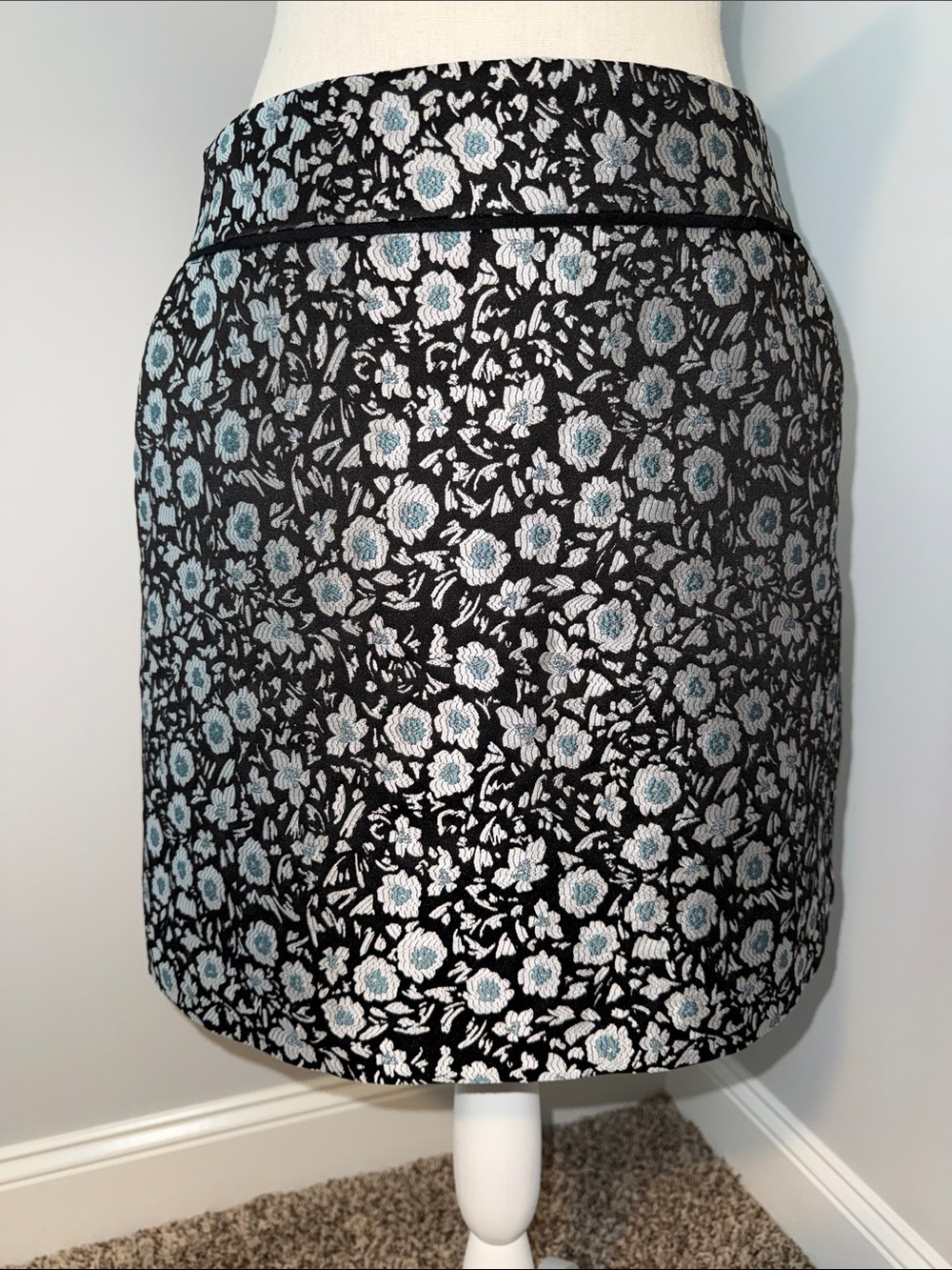 LOFT Black Mini Skirt with White and Light Blue Floral Jacquard